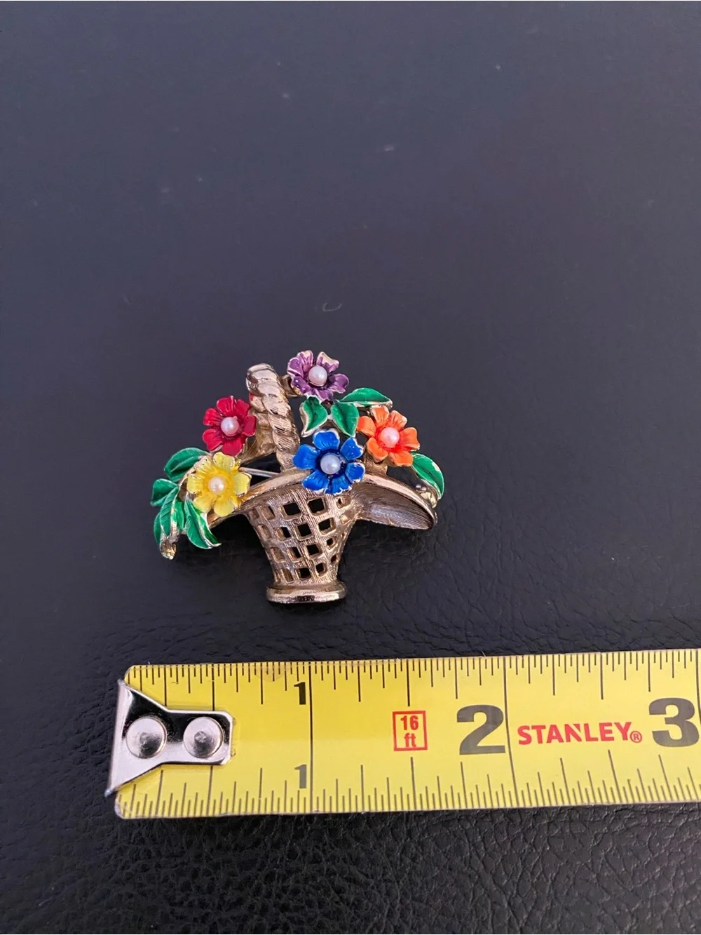 Vintage St. Labre Jewelry Co, Gold Floral Basket Brooch w/ Multi Enamel Flowers
